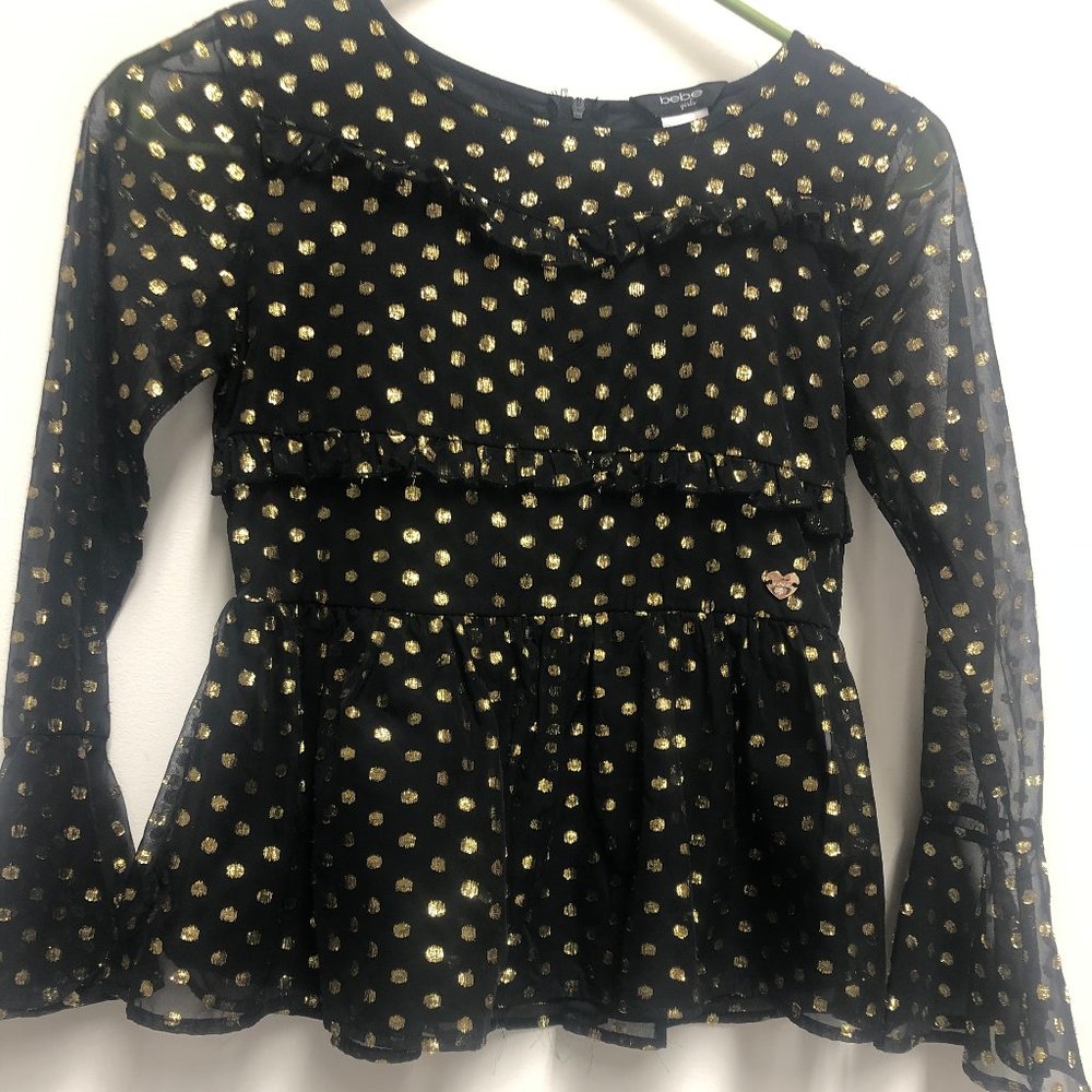 BEBE Black w/ gold dots fancy top Girls  L 14